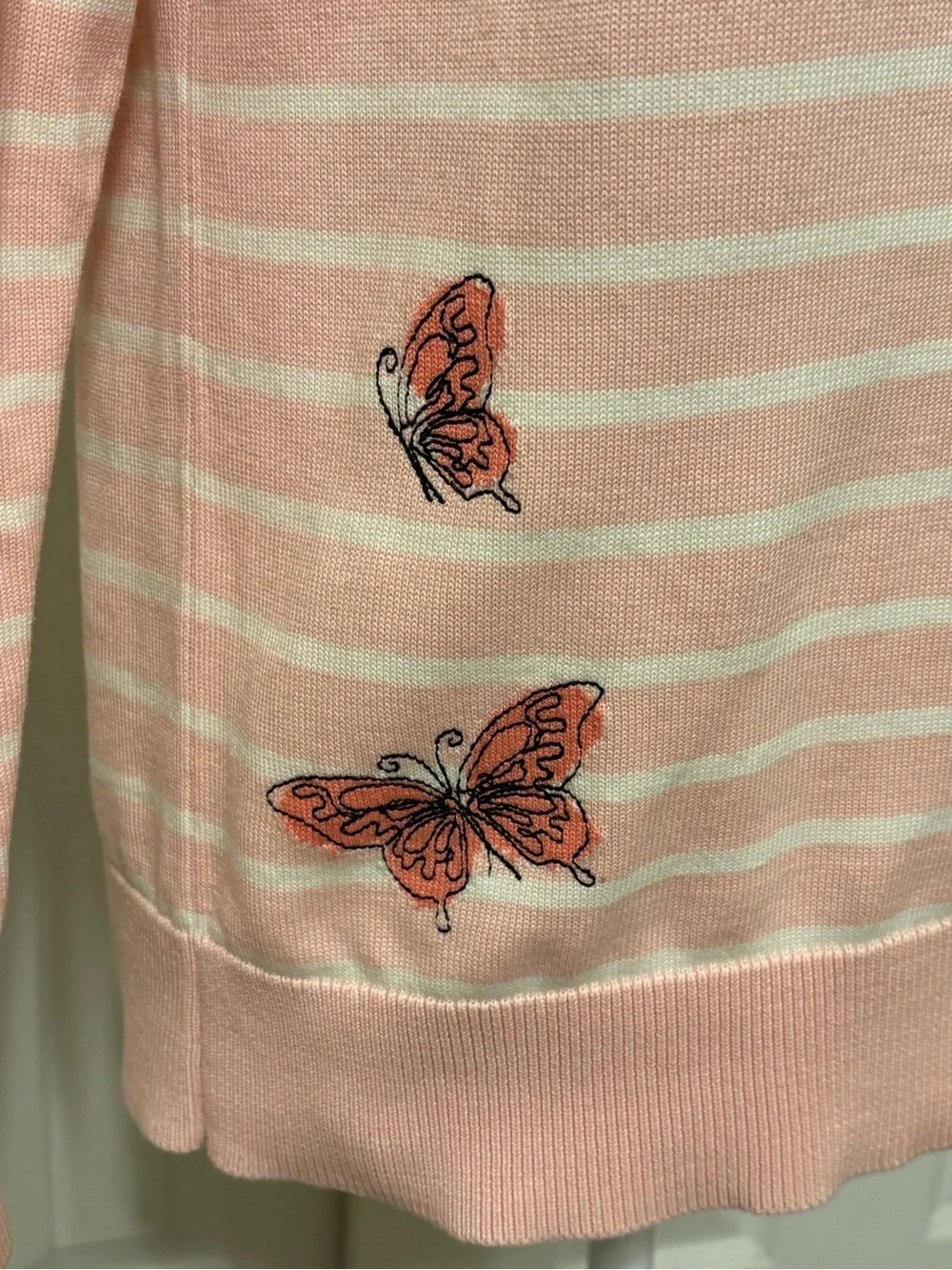 TALBOTS Pink Striped Crewneck Sweater Butterfly Embroidery Size LP